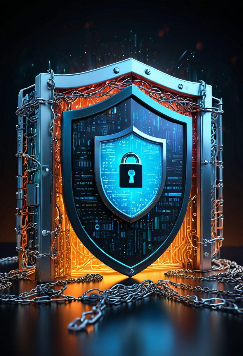 A digital fortress representing data protection, with a glowing shield symbol in the center. Surround the shield with chains of binary code and padlocks, while depicting a virtual landscape filled with interconnected servers and firewalls. Include subtle colors to evoke a sense of security and safety. super-realistic. vibrant colors. 3D.
