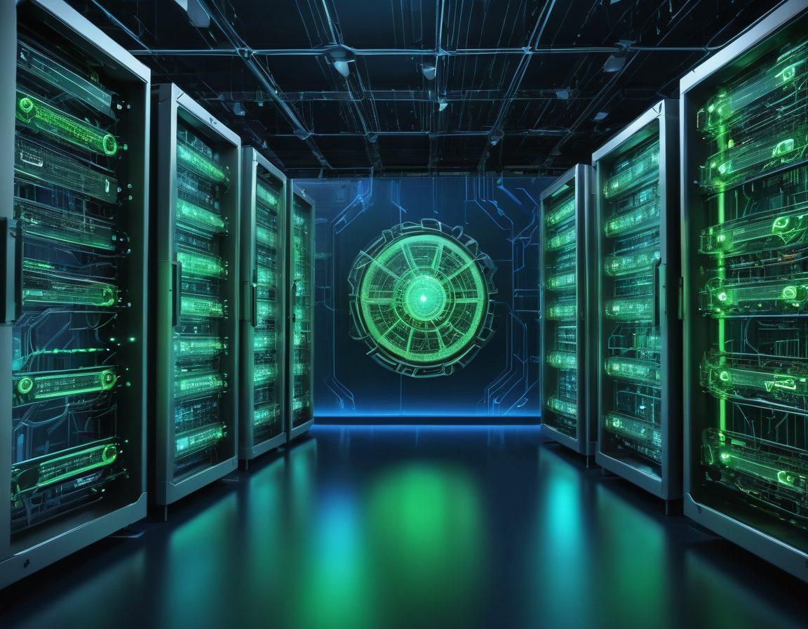 A futuristic digital landscape showcasing a secure web hosting environment, with glowing servers and intricate network diagrams. Incorporate elements like shield icons representing security and gears symbolizing efficiency, all set against a deep blue and green cybernetic backdrop. Include abstract binary codes flowing in the background to emphasize technology. super-realistic. vibrant colors. 3D.